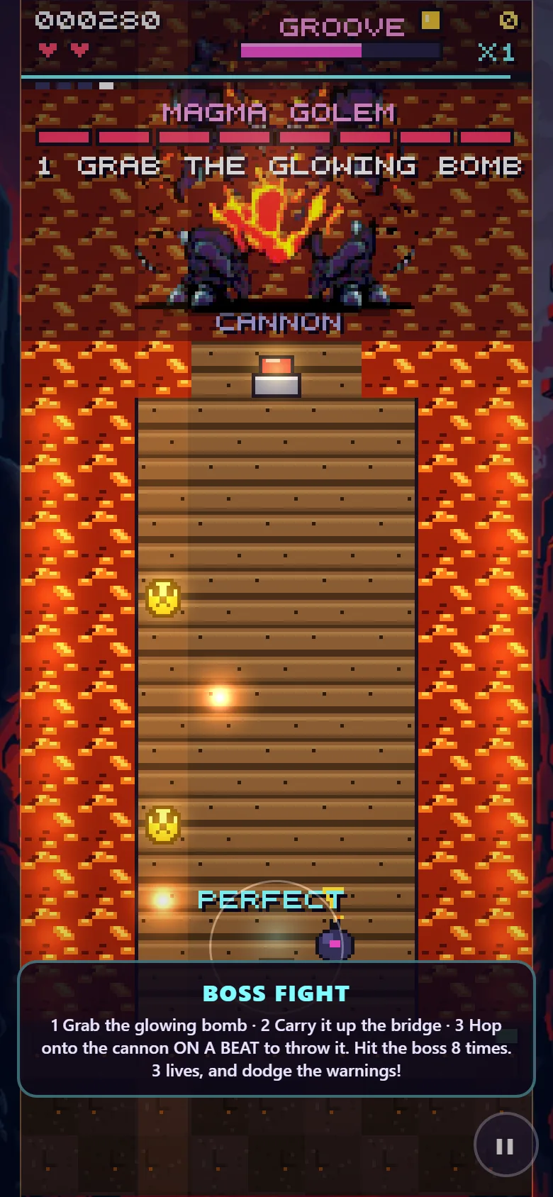 A boss fight: carry the bomb to the cannon