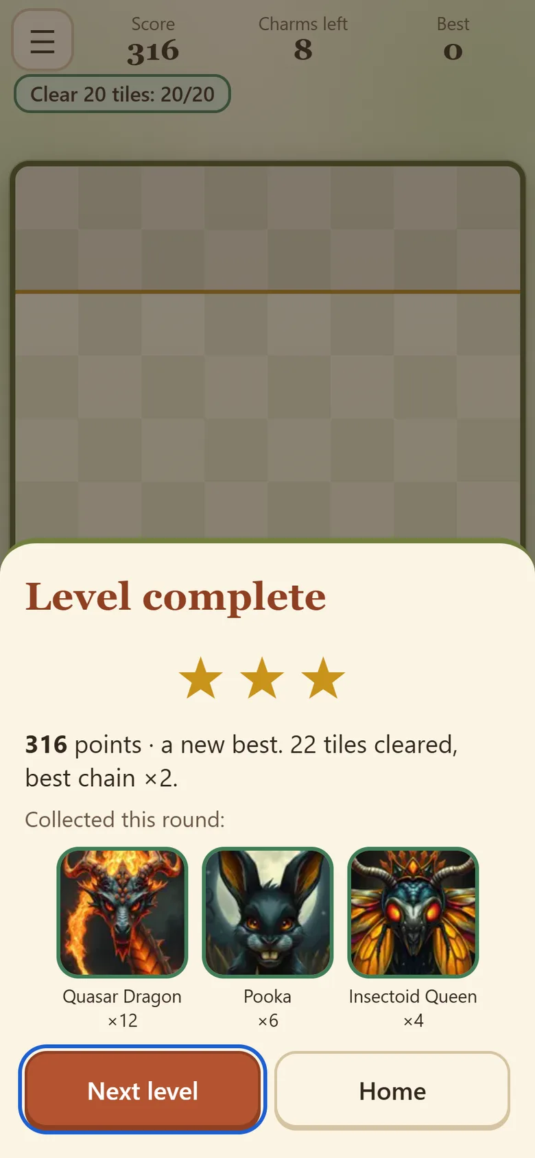 Level complete with three stars and the cards collected