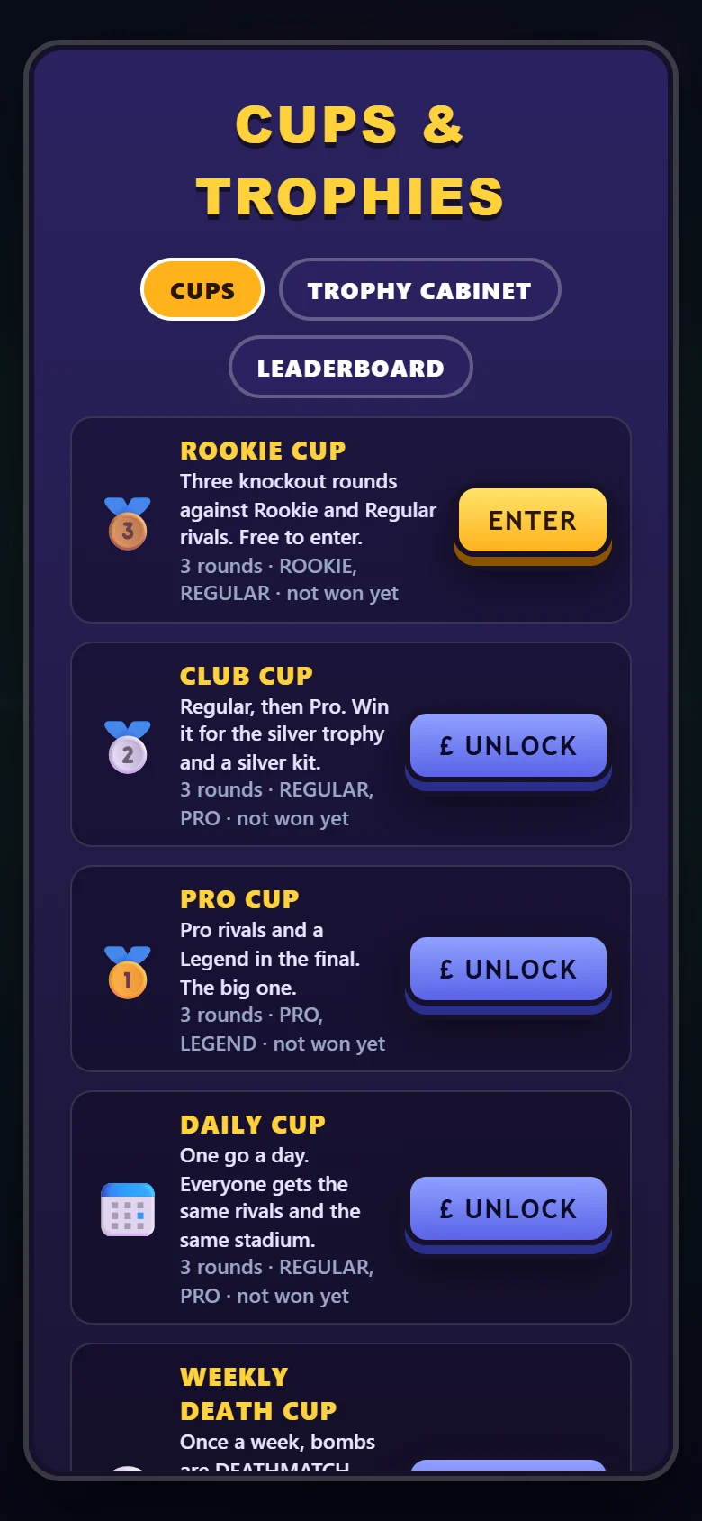 The cups and trophies screen