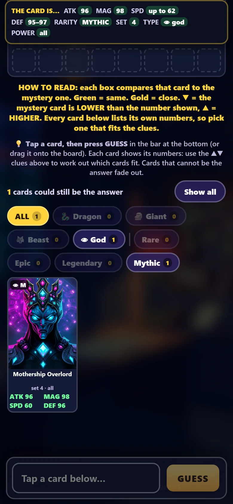 The daily mystery card with colour-coded clue tiles