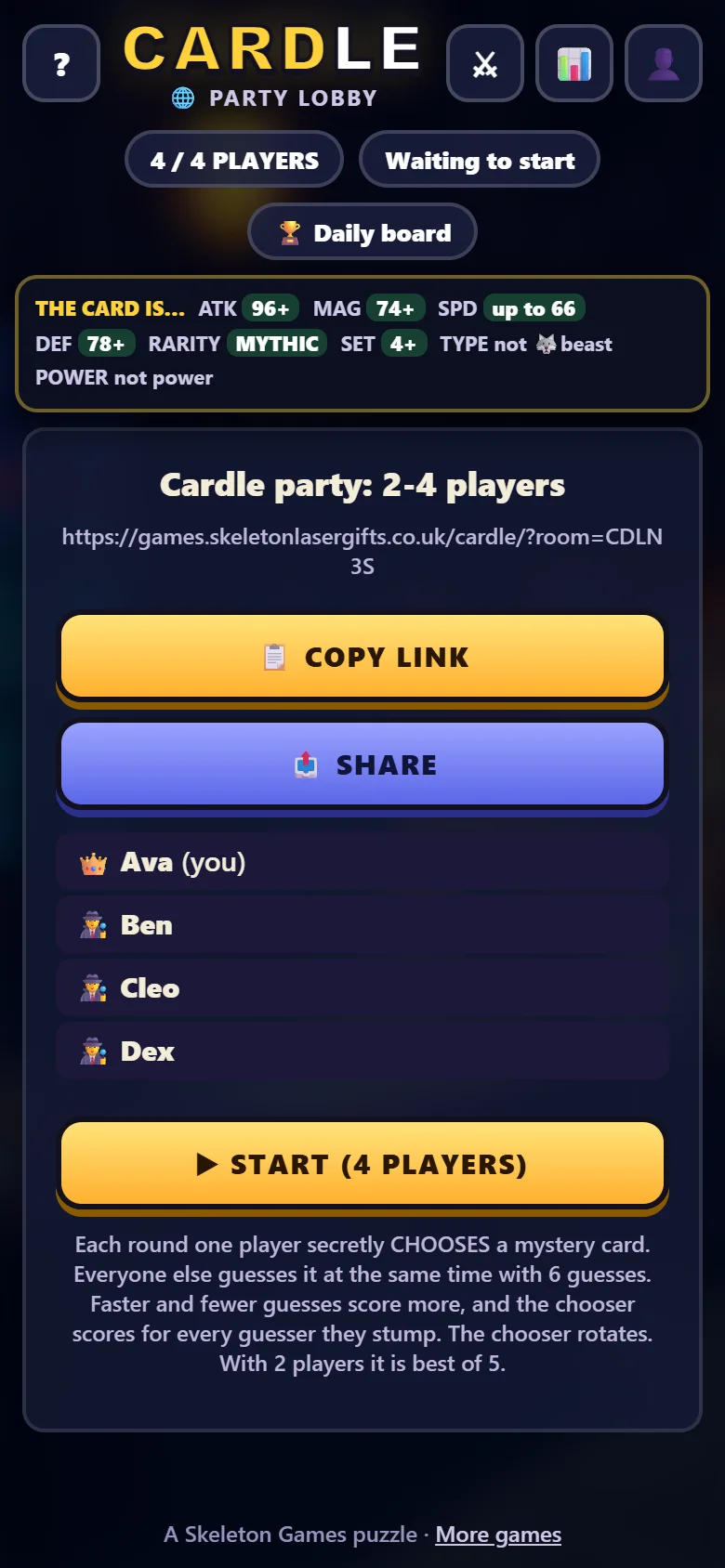 The party lobby with four players