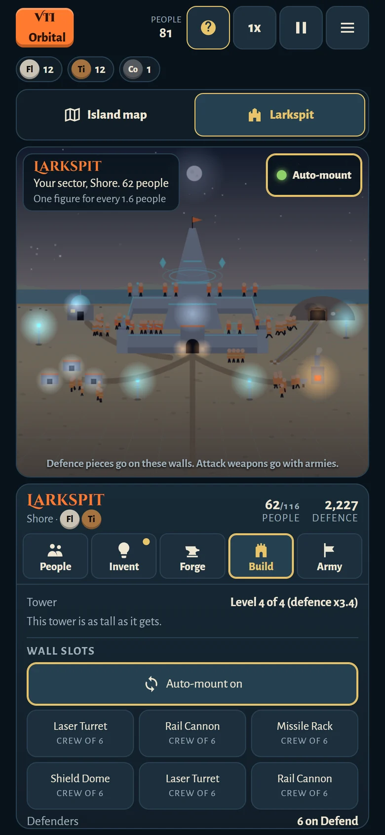The Orbital Citadel at night with laser turrets and a shield dome