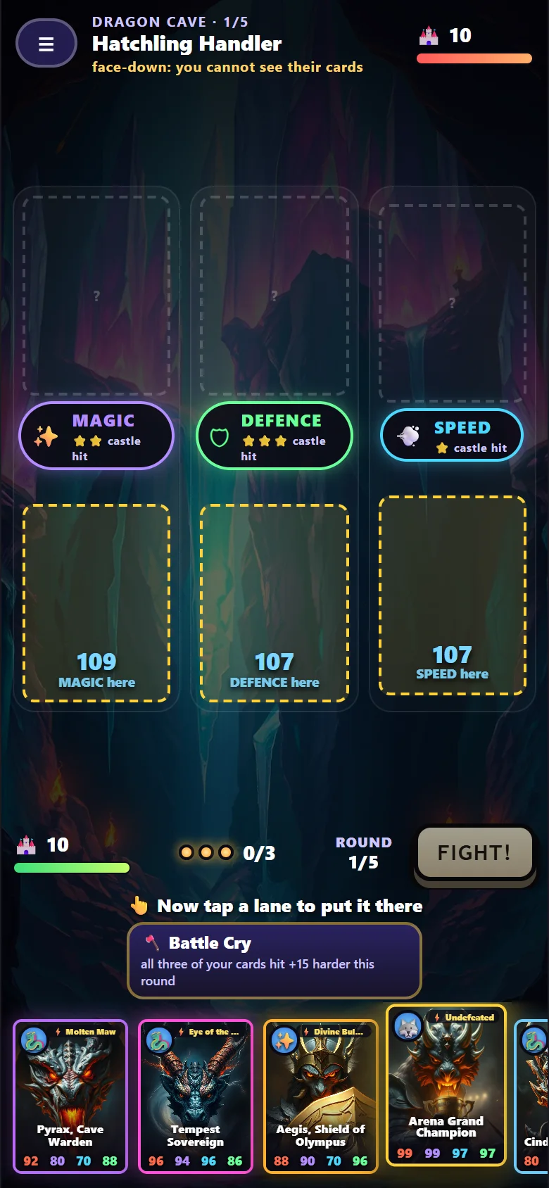 Choosing a card for each lane, with the number it brings shown