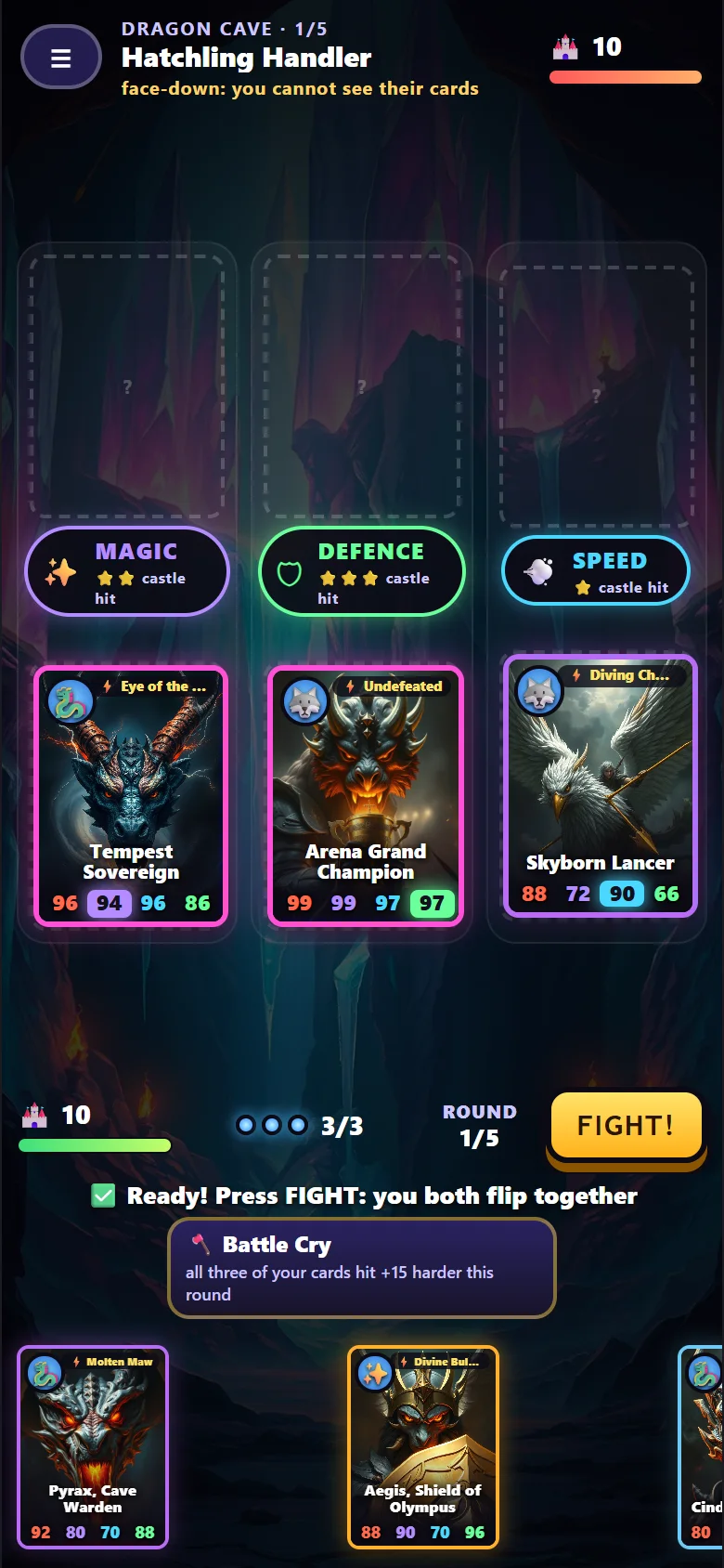Three cards ready, face-down, before the flip
