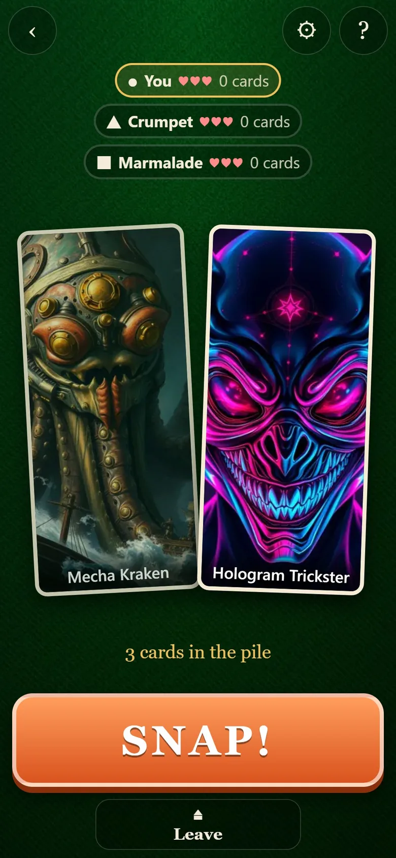 Snap: two cards match and the big SNAP button waits