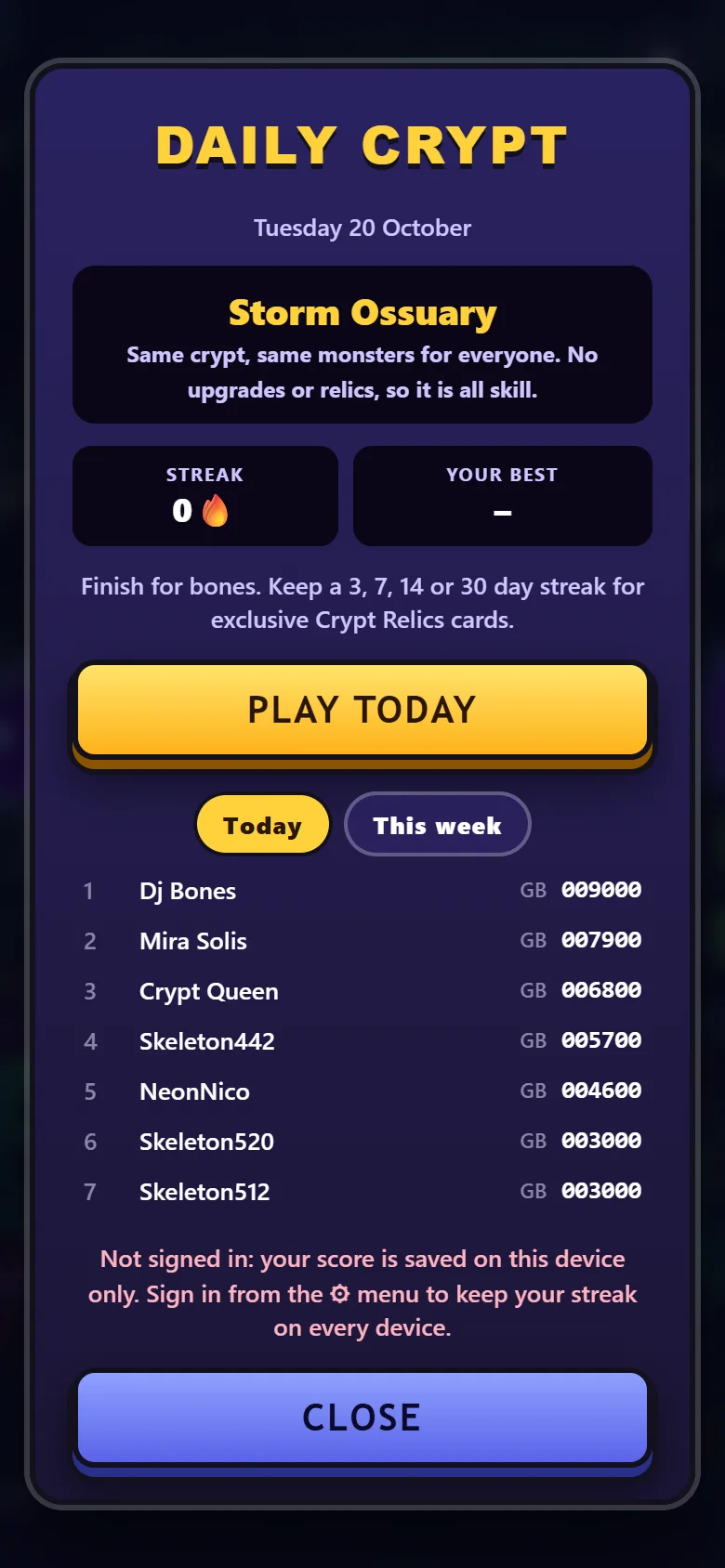 The daily crypt and leaderboard
